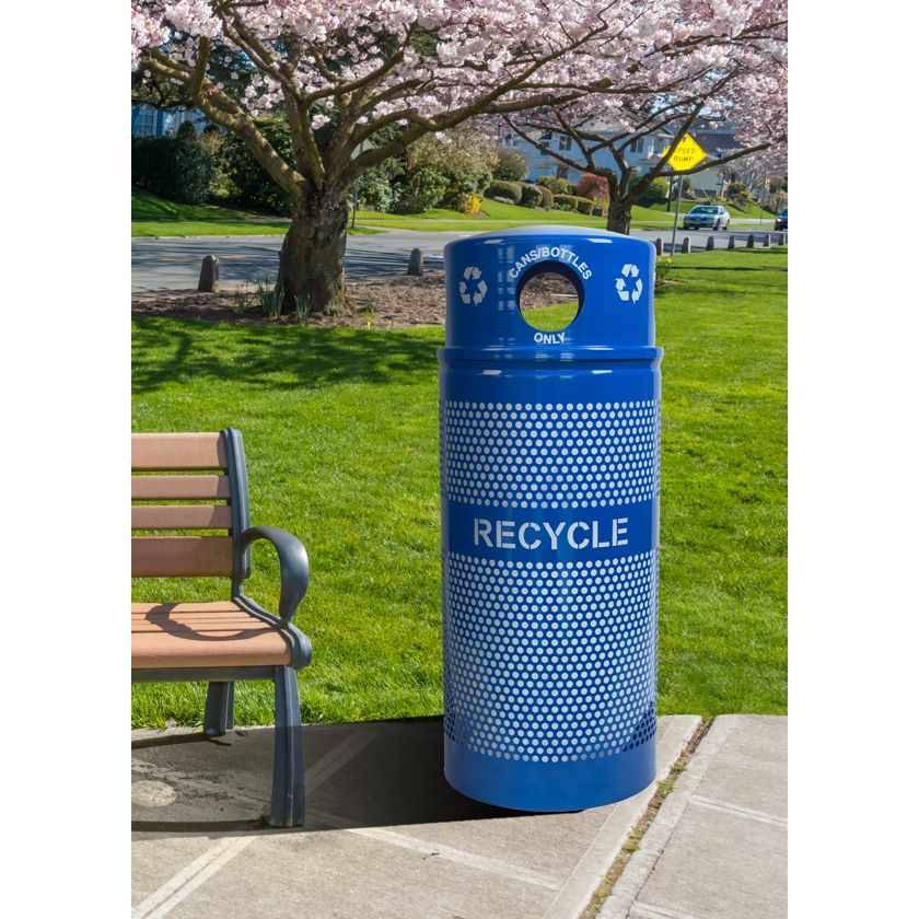 34-Gallon Perforated Steel Outdoor Recycling Receptacle – Dome Top